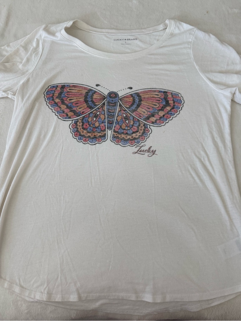 Women's Marshmallow LUCKY BRAND Butterfly Graphic Tee Large D79